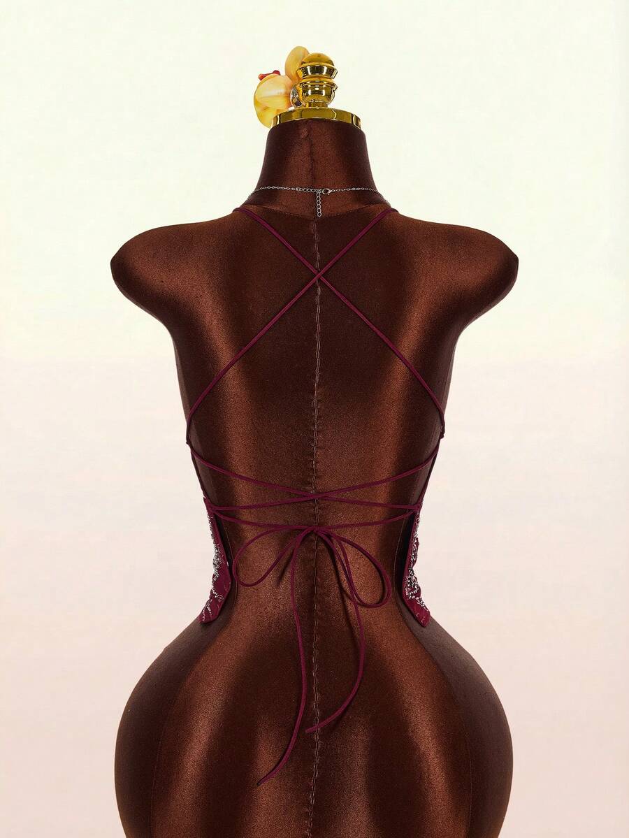 Women's embroidered sequin halter cami top featuring a deep V-neck, backless party design, and slim fit silhouette.