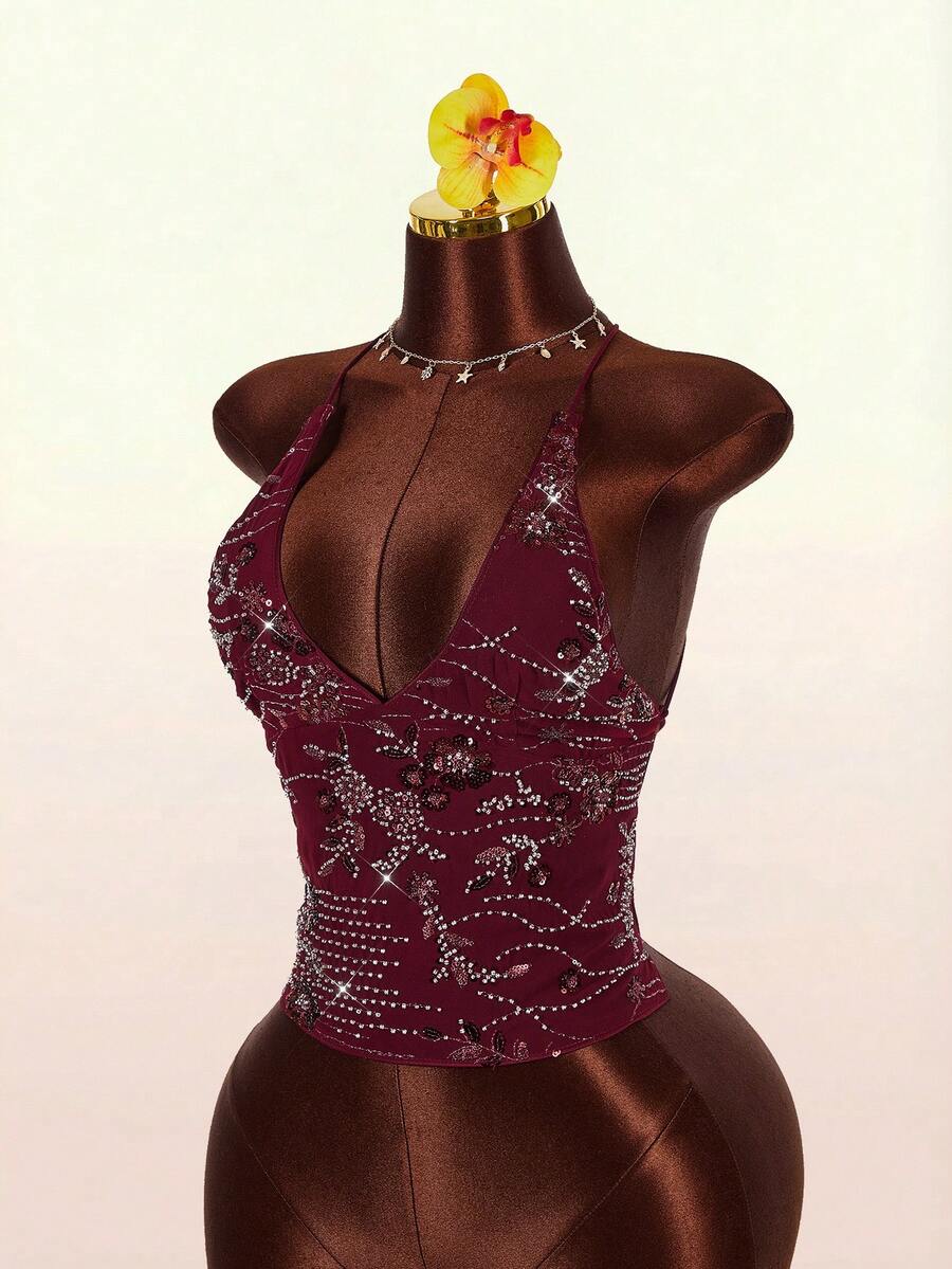 Women's embroidered sequin halter cami top featuring a deep V-neck, backless party design, and slim fit silhouette.