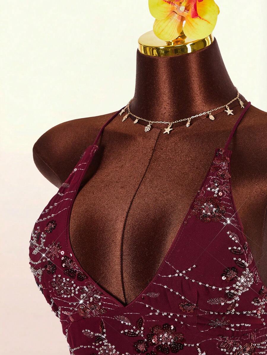 Women's embroidered sequin halter cami top featuring a deep V-neck, backless party design, and slim fit silhouette.