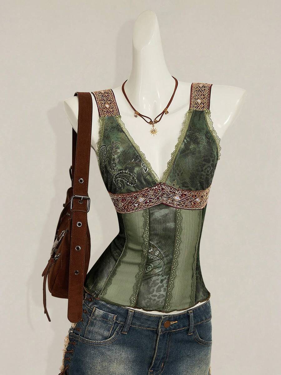 Women's Y2K fitted camisole with V-neckline, contrast lace patchwork, slim fit silhouette, backless design, and asymmetrical hem