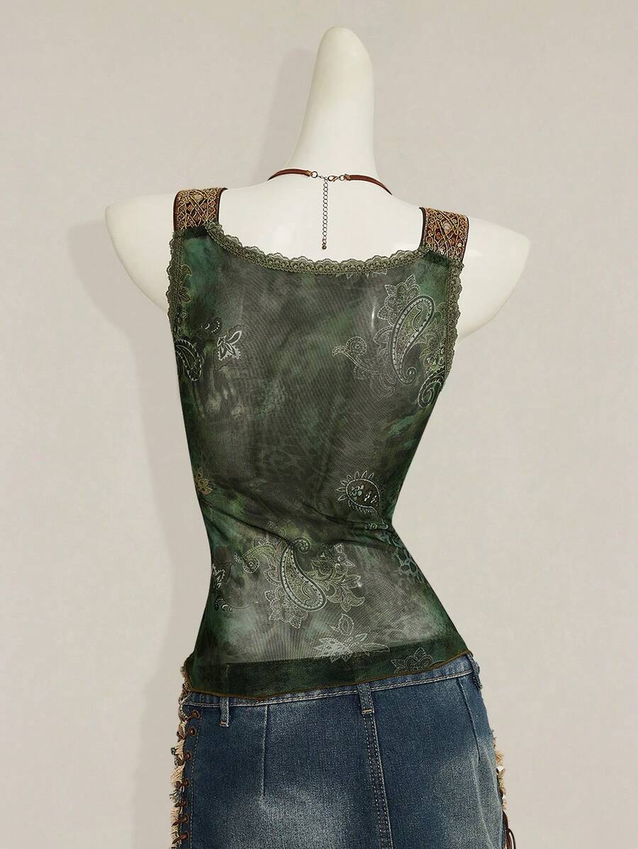 Women's Y2K fitted camisole with V-neckline, contrast lace patchwork, slim fit silhouette, backless design, and asymmetrical hem