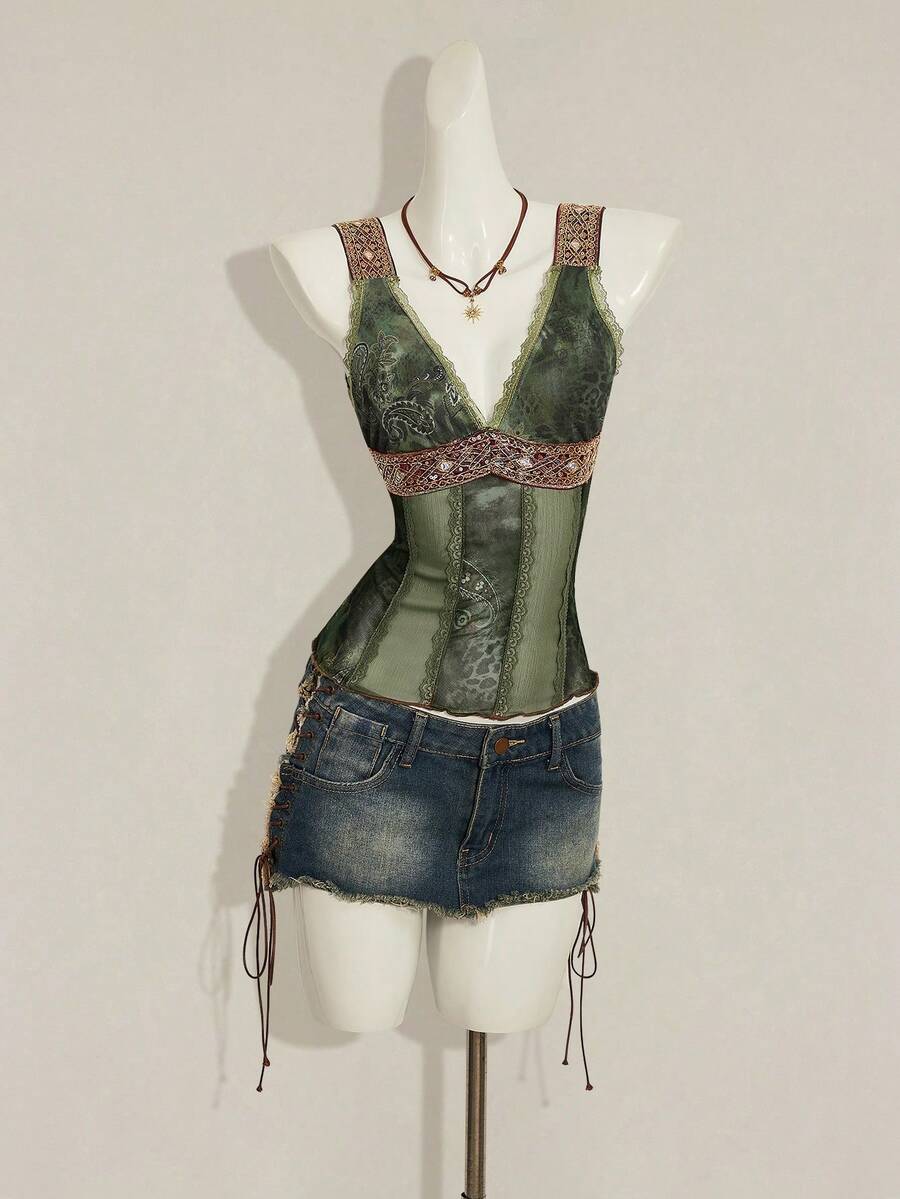 Women's Y2K fitted camisole with V-neckline, contrast lace patchwork, slim fit silhouette, backless design, and asymmetrical hem