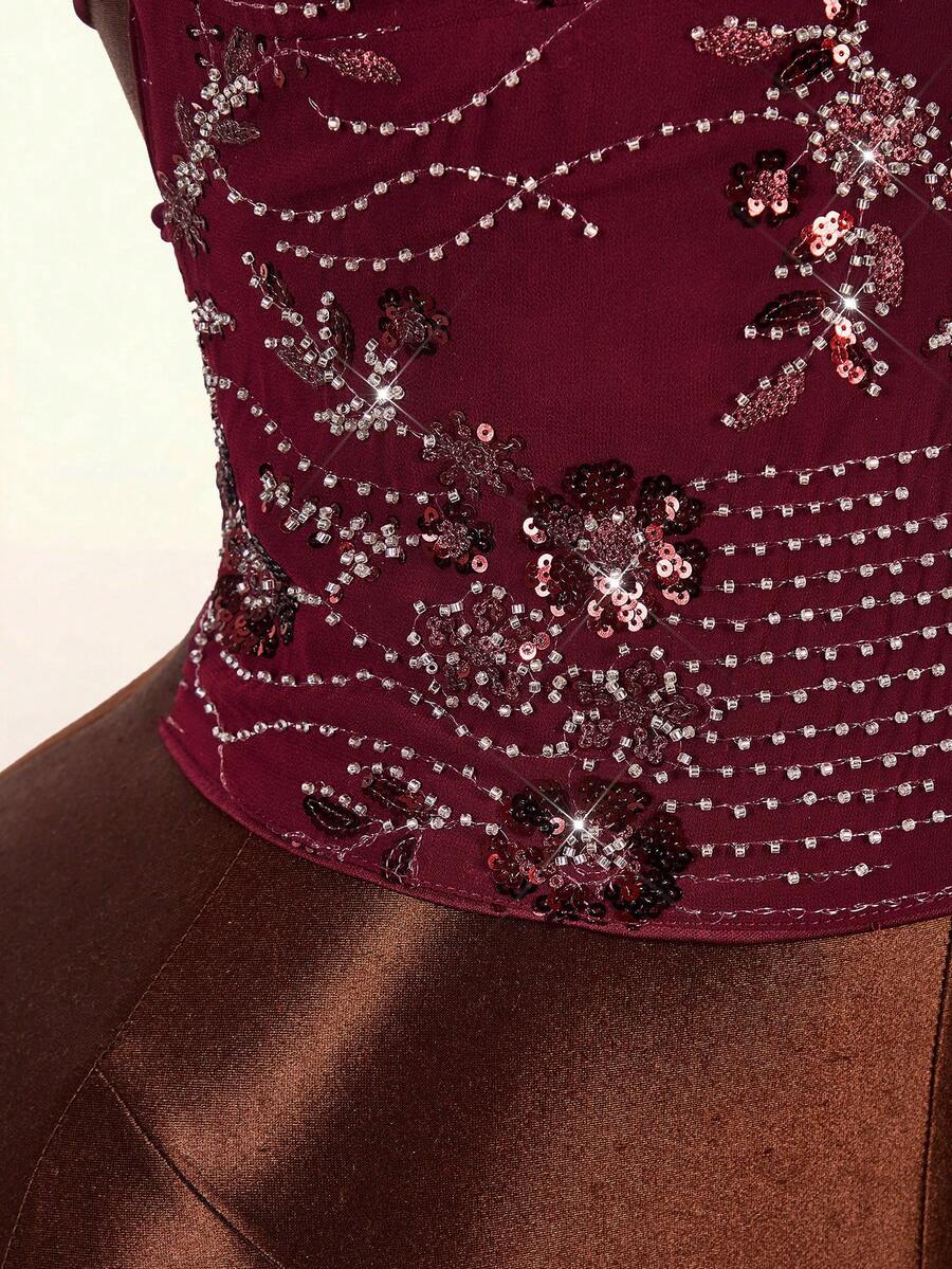 Women's embroidered sequin halter cami top featuring a deep V-neck, backless party design, and slim fit silhouette.