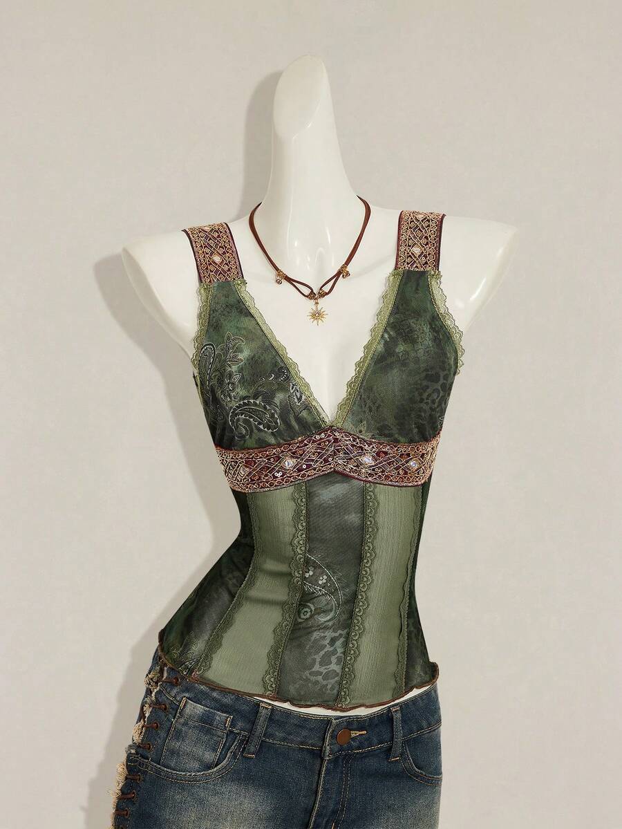 Women's Y2K fitted camisole with V-neckline, contrast lace patchwork, slim fit silhouette, backless design, and asymmetrical hem