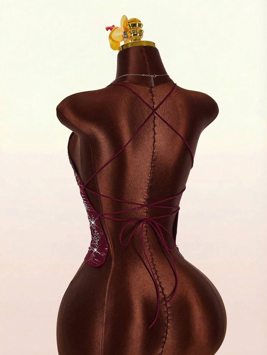 Women's embroidered sequin halter cami top featuring a deep V-neck, backless party design, and slim fit silhouette.