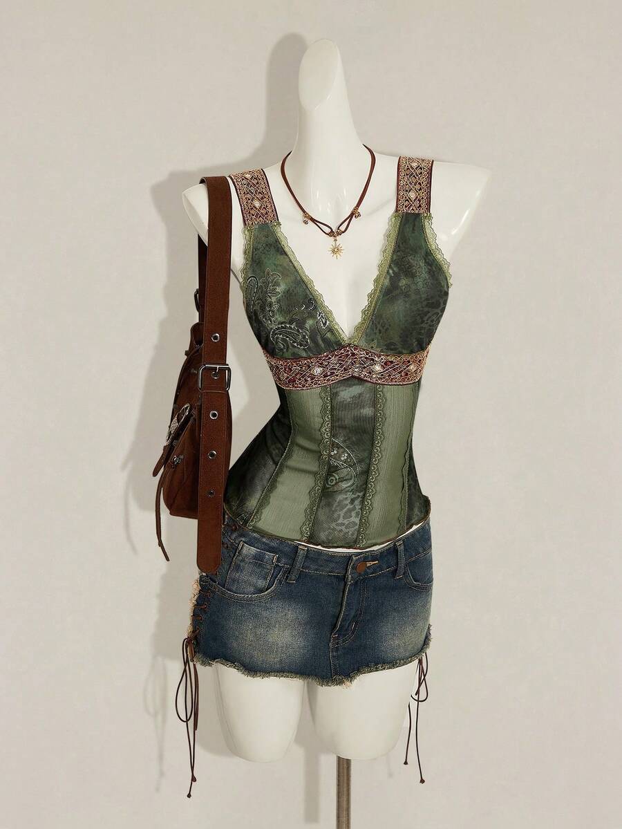 Women's Y2K fitted camisole with V-neckline, contrast lace patchwork, slim fit silhouette, backless design, and asymmetrical hem