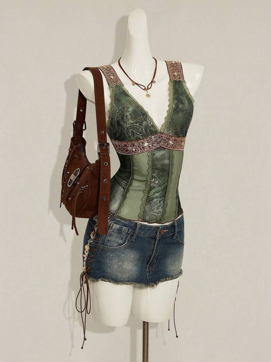 Women's Y2K fitted camisole with V-neckline, contrast lace patchwork, slim fit silhouette, backless design, and asymmetrical hem