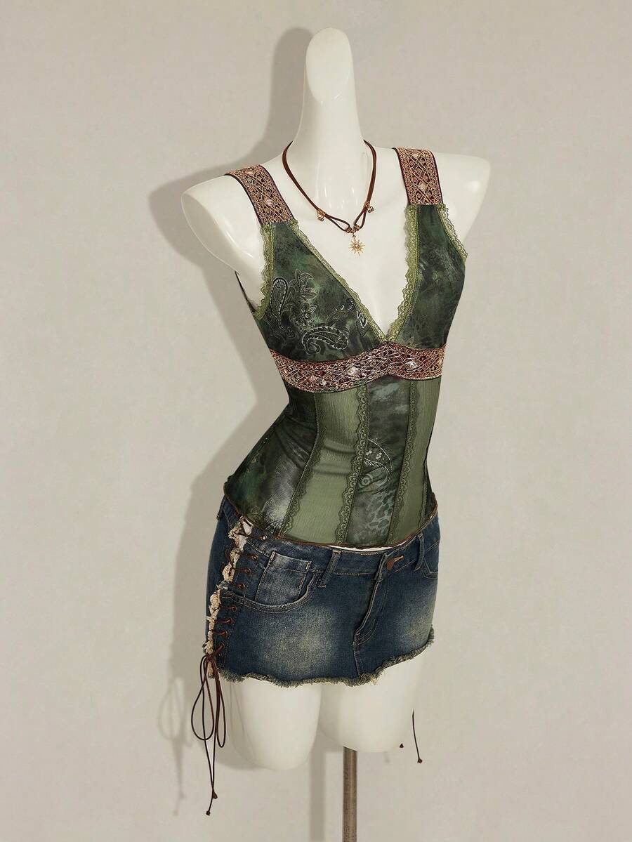 Women's Y2K fitted camisole with V-neckline, contrast lace patchwork, slim fit silhouette, backless design, and asymmetrical hem