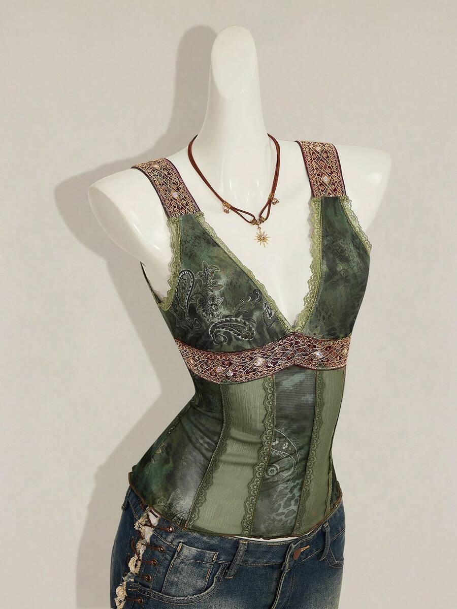 Women's Y2K fitted camisole with V-neckline, contrast lace patchwork, slim fit silhouette, backless design, and asymmetrical hem