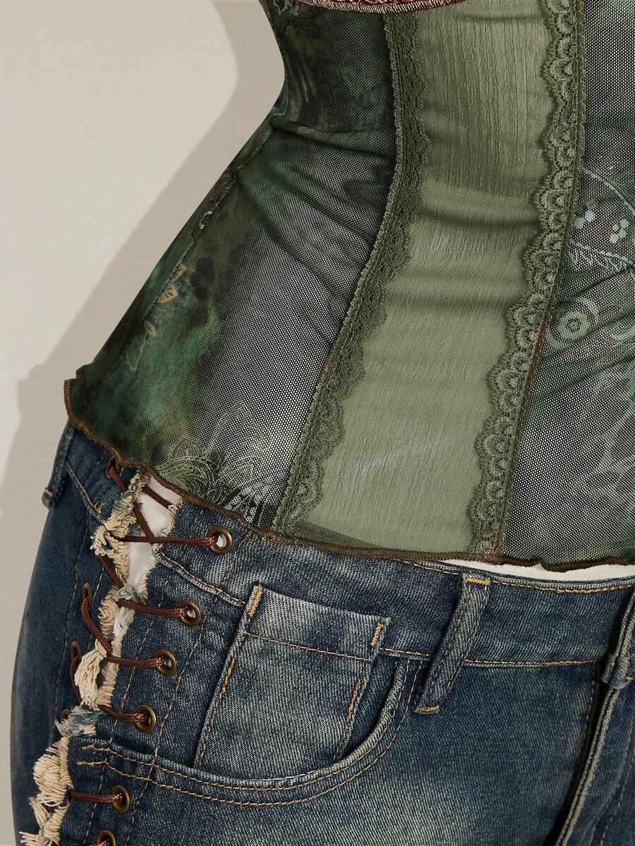Women's Y2K fitted camisole with V-neckline, contrast lace patchwork, slim fit silhouette, backless design, and asymmetrical hem