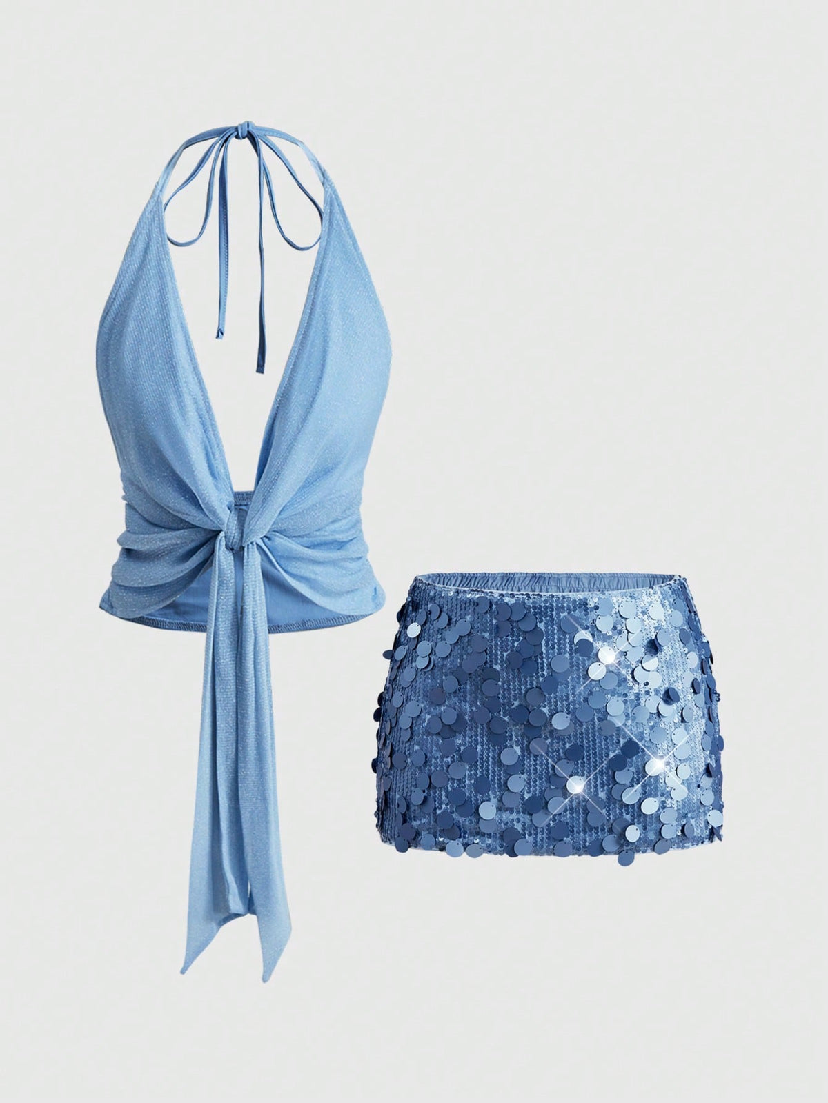 Women's halter crop camisole and ultra low waist mini sequin skirt set with backless knot tie-back detail