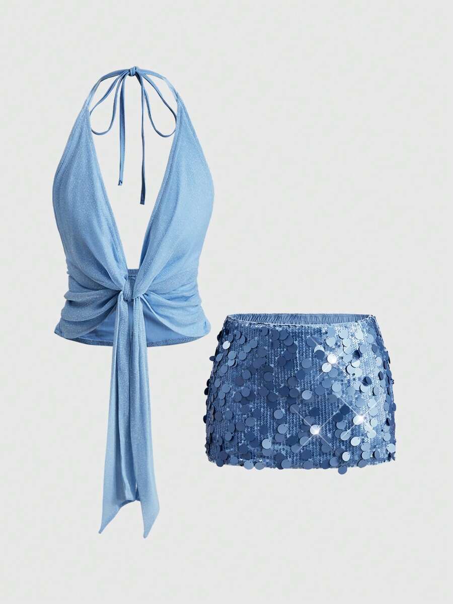 Women's halter crop camisole and ultra low waist mini sequin skirt set with backless knot tie-back detail