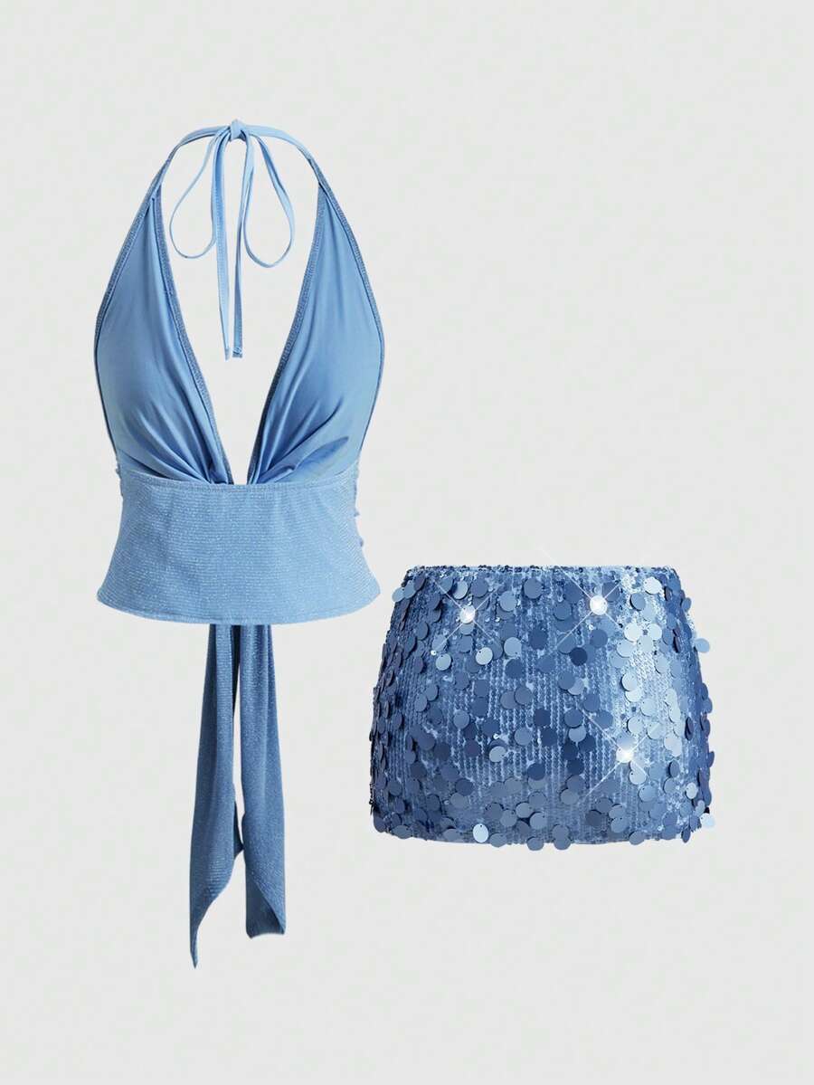 Women's halter crop camisole and ultra low waist mini sequin skirt set with backless knot tie-back detail