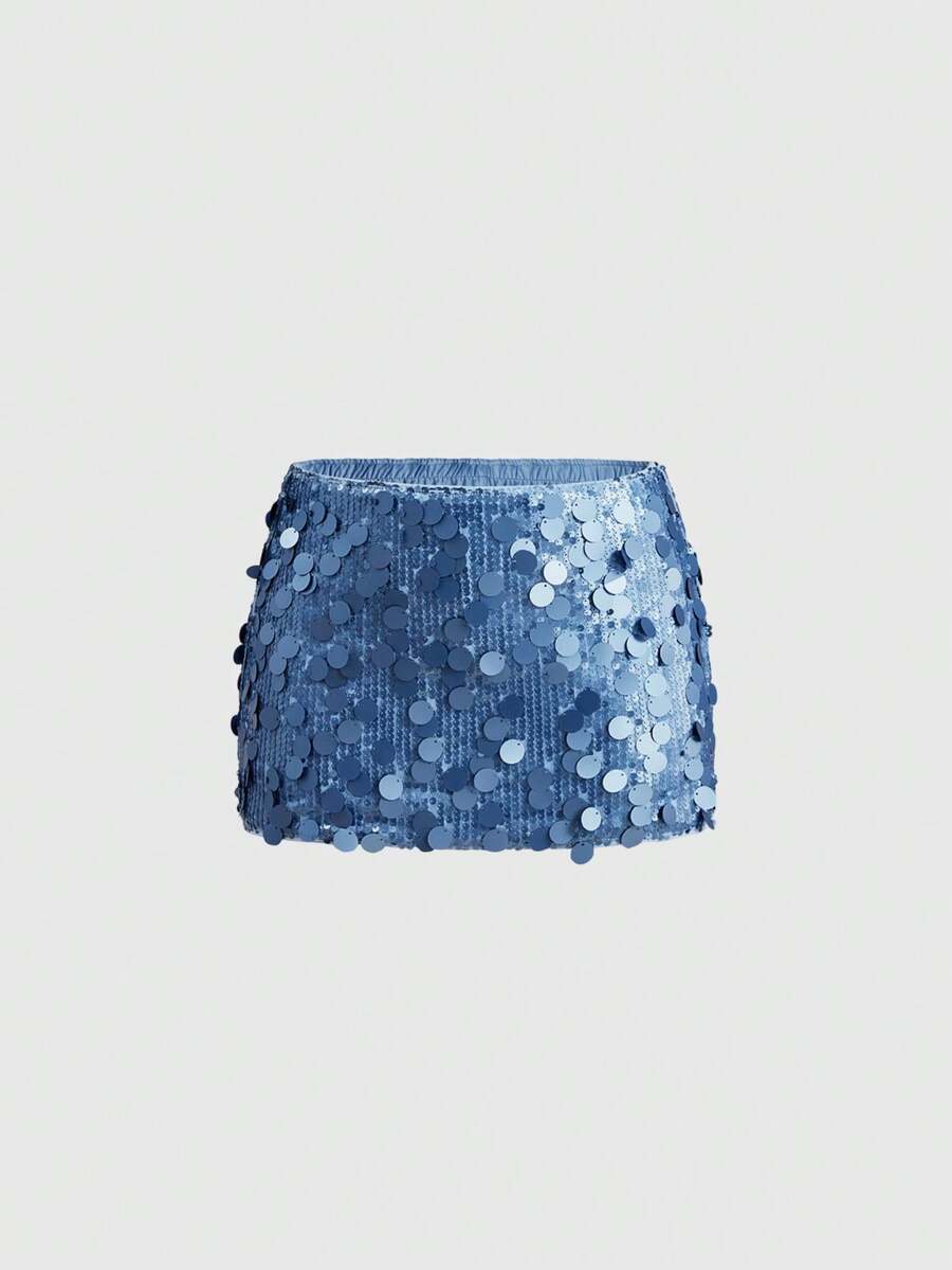 Women's halter crop camisole and ultra low waist mini sequin skirt set with backless knot tie-back detail
