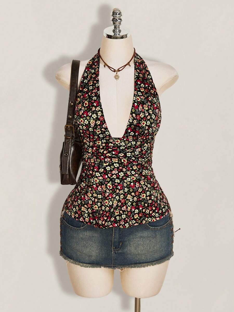 Women's backless halter babydoll tank top featuring a square neckline, slim fit silhouette, and a flared ruffle hem.