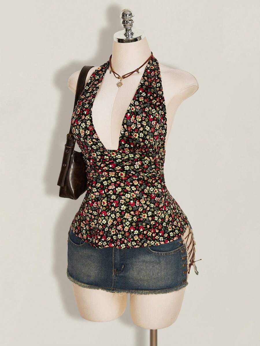 Women's backless halter babydoll tank top featuring a square neckline, slim fit silhouette, and a flared ruffle hem.