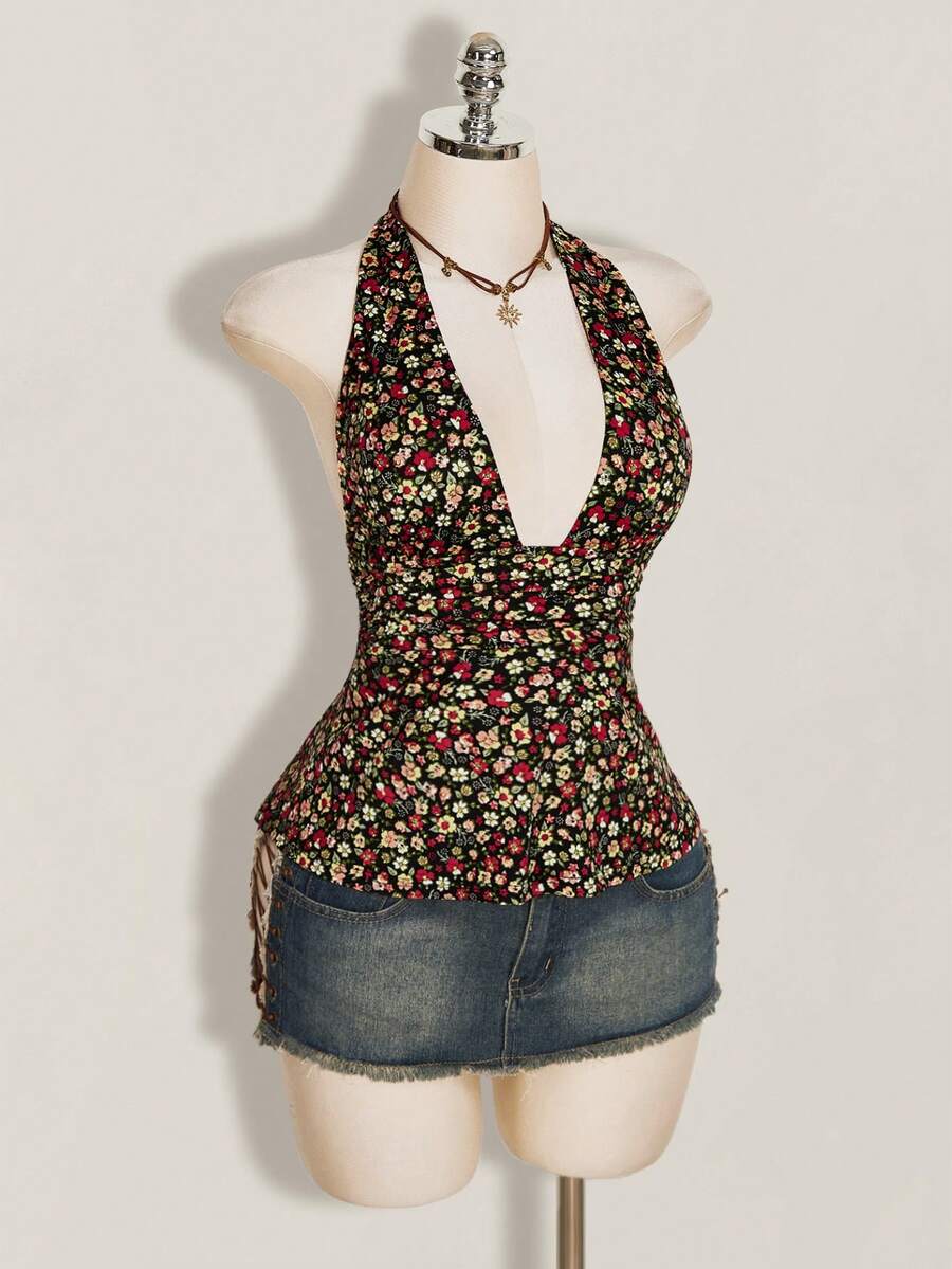 Women's backless halter babydoll tank top featuring a square neckline, slim fit silhouette, and a flared ruffle hem.