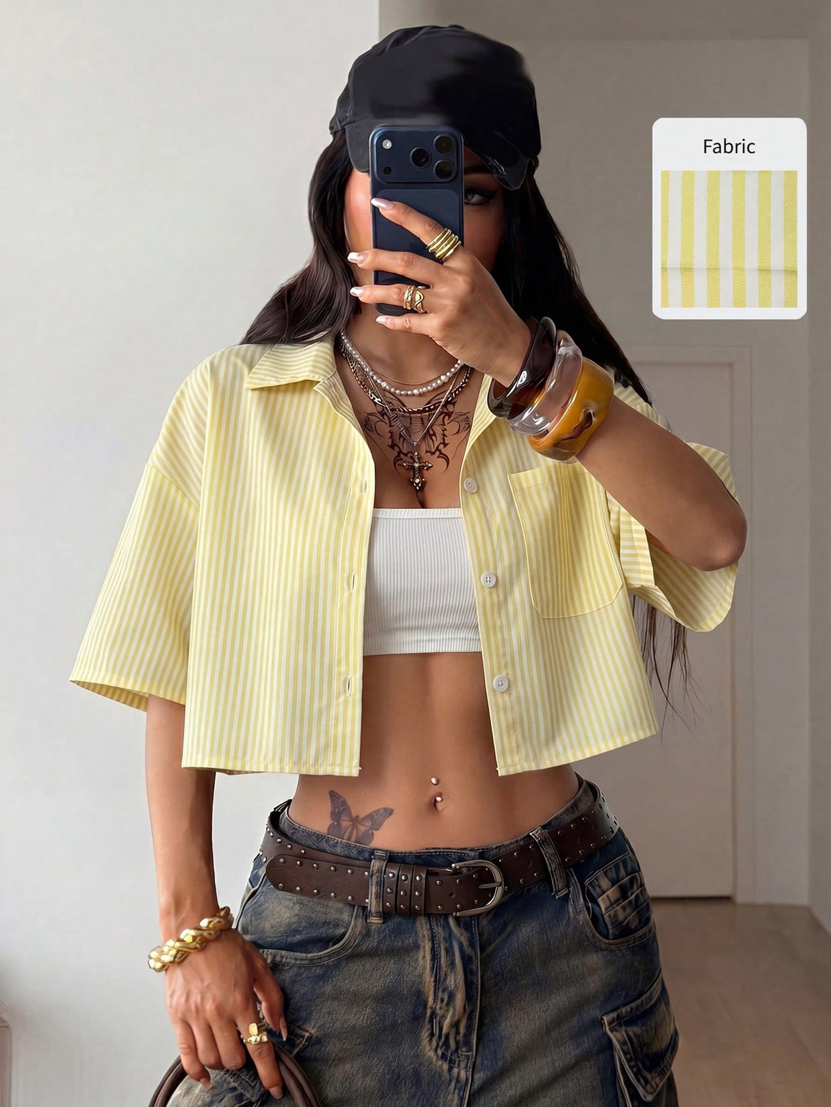 Women's plaid crop shirt with button front, chest pocket, short sleeves, and loose casual fit.