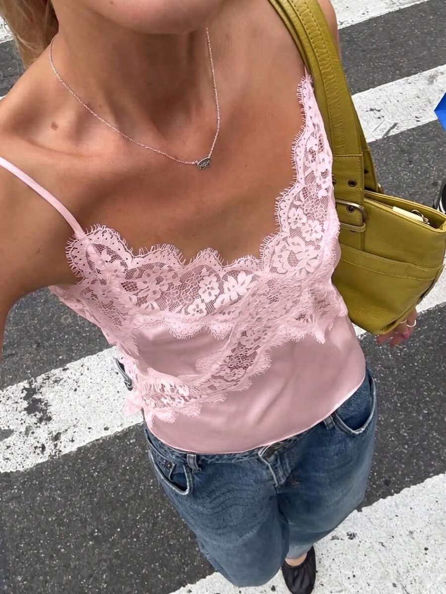 White satin design camisole tank top featuring contrast lace patchwork details and spaghetti straps.