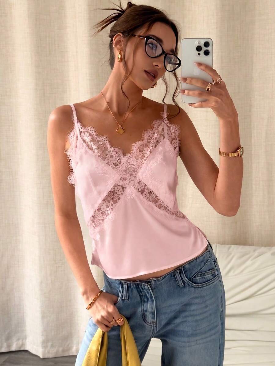 White satin design camisole tank top featuring contrast lace patchwork details and spaghetti straps.