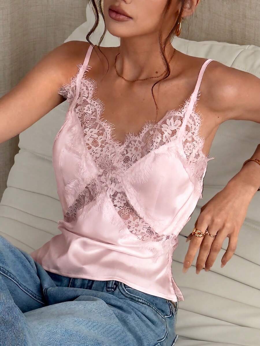 White satin design camisole tank top featuring contrast lace patchwork details and spaghetti straps.