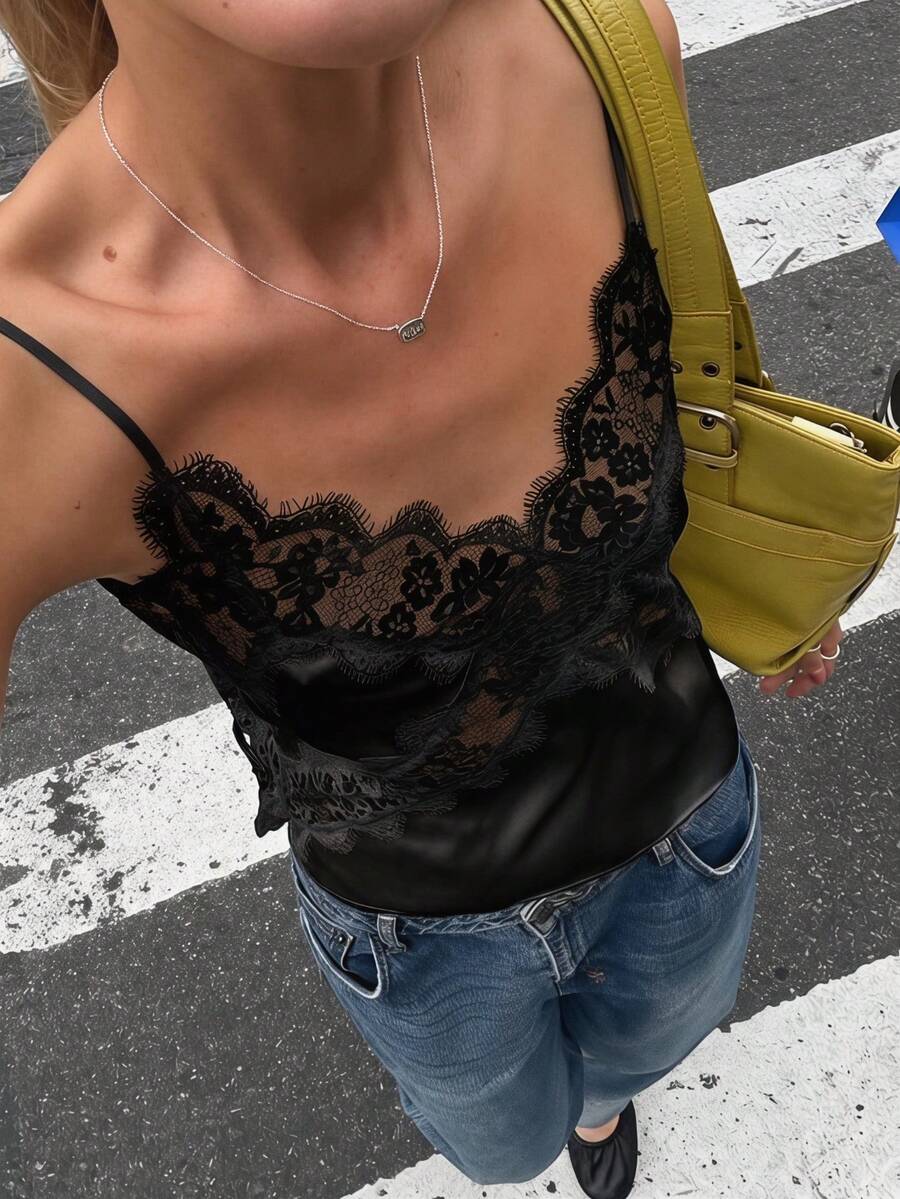 White satin design camisole tank top featuring contrast lace patchwork details and spaghetti straps.