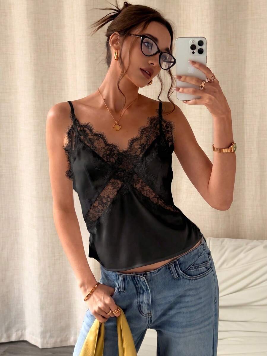 White satin design camisole tank top featuring contrast lace patchwork details and spaghetti straps.