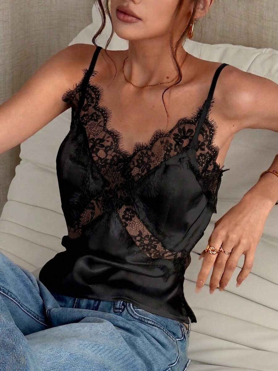 White satin design camisole tank top featuring contrast lace patchwork details and spaghetti straps.