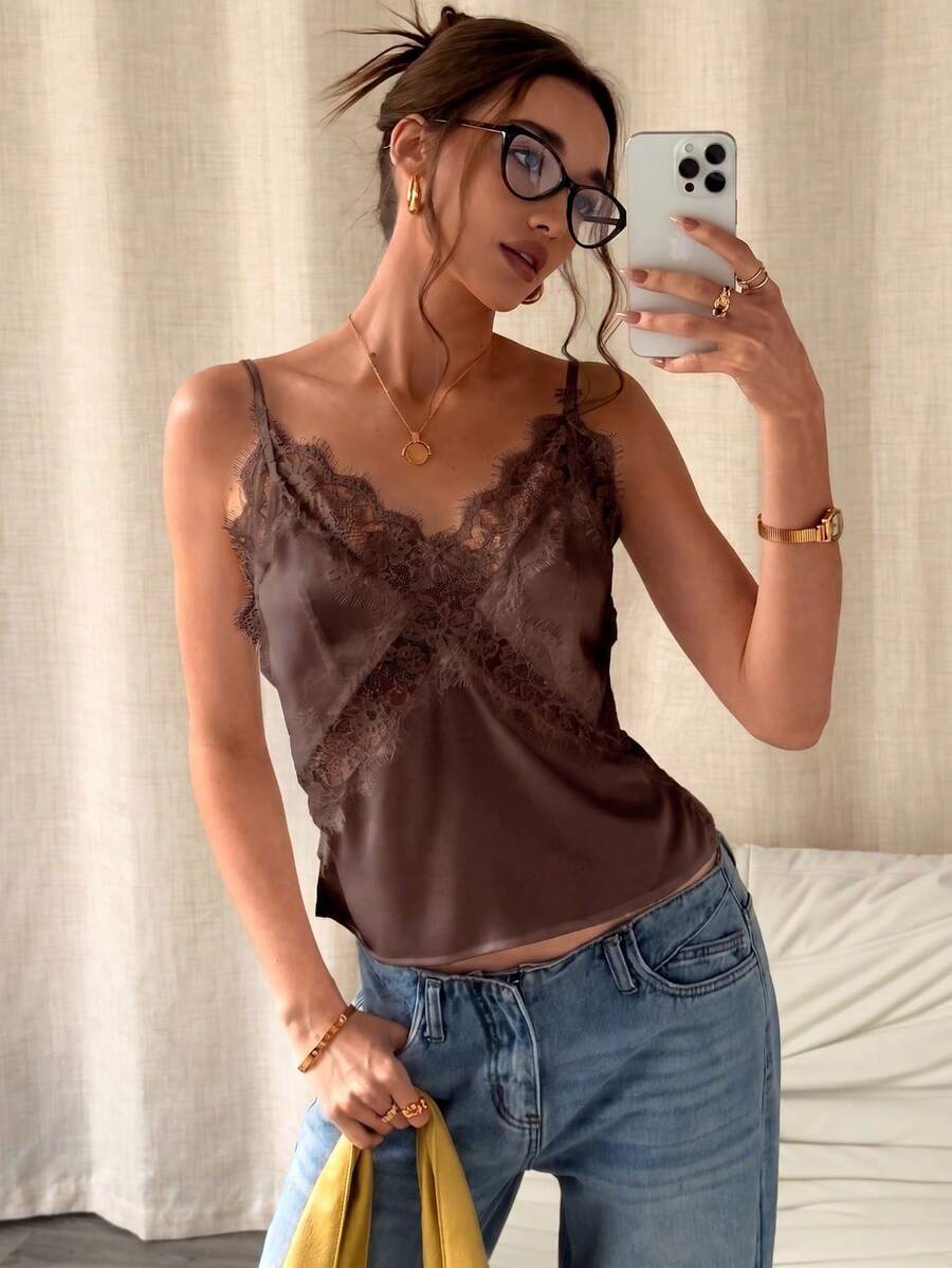 White satin design camisole tank top featuring contrast lace patchwork details and spaghetti straps.