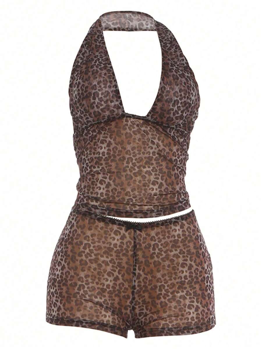 Brown leopard print two-piece outfit with a backless halter camisole top and matching high-stretch semi-sheer shorts.