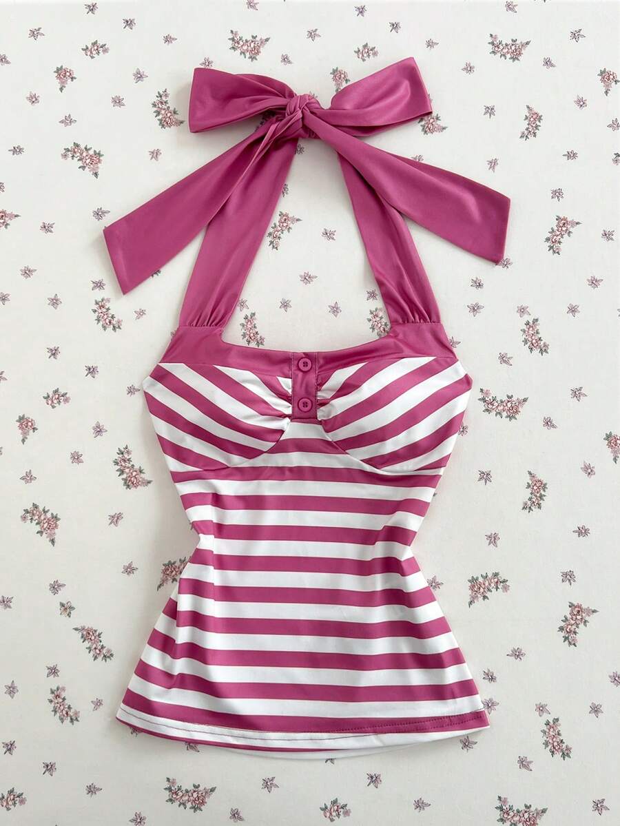 Women's multicolor striped halter top featuring a bow detail and slim fit design.
