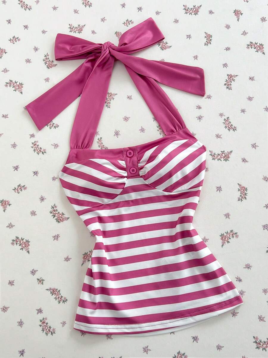 Women's multicolor striped halter top featuring a bow detail and slim fit design.