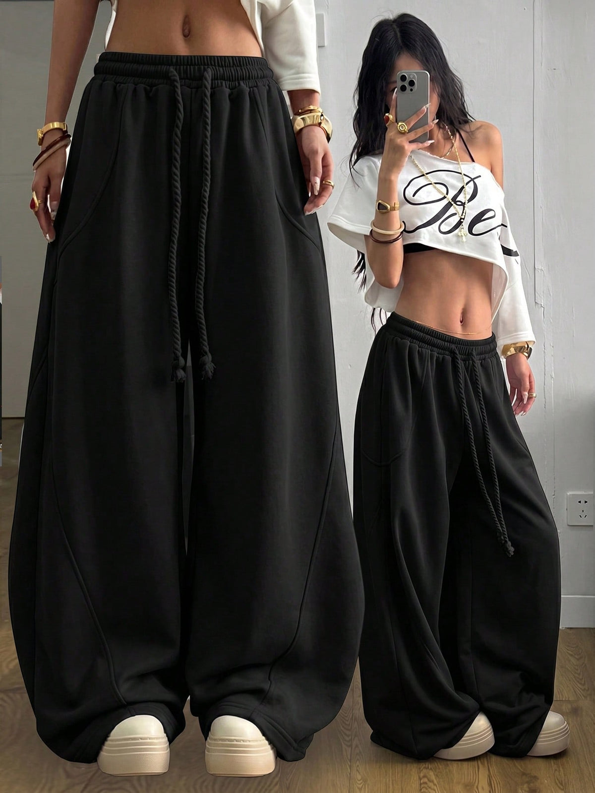 Women's loose wide leg casual pants with drawstring waist in plain black