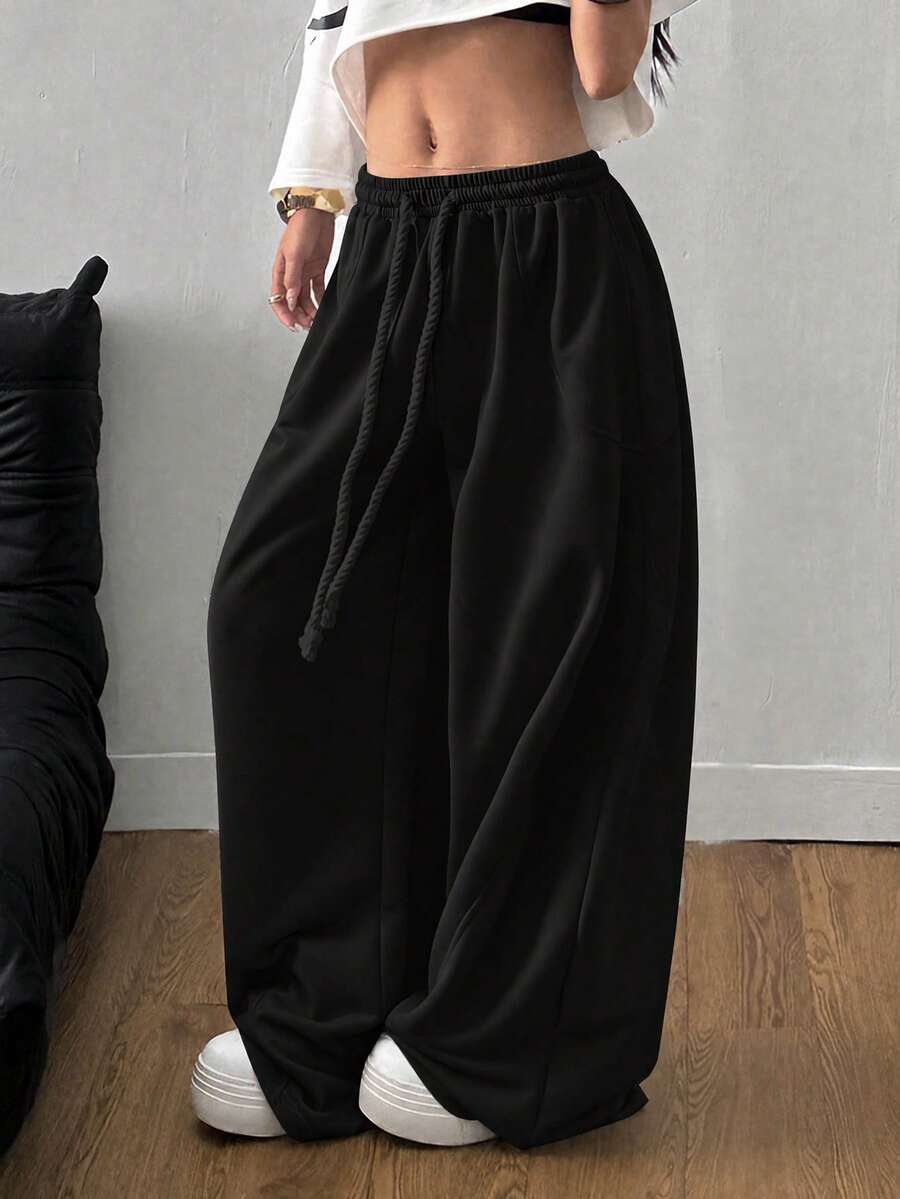 Women's loose wide leg casual pants with drawstring waist in plain black