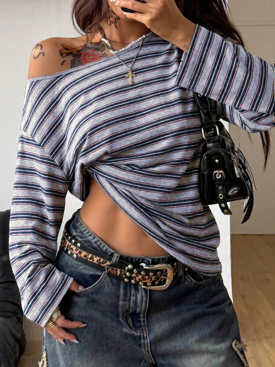 Women's brown striped boat neck long sleeve raglan T-shirt with a loose casual fit