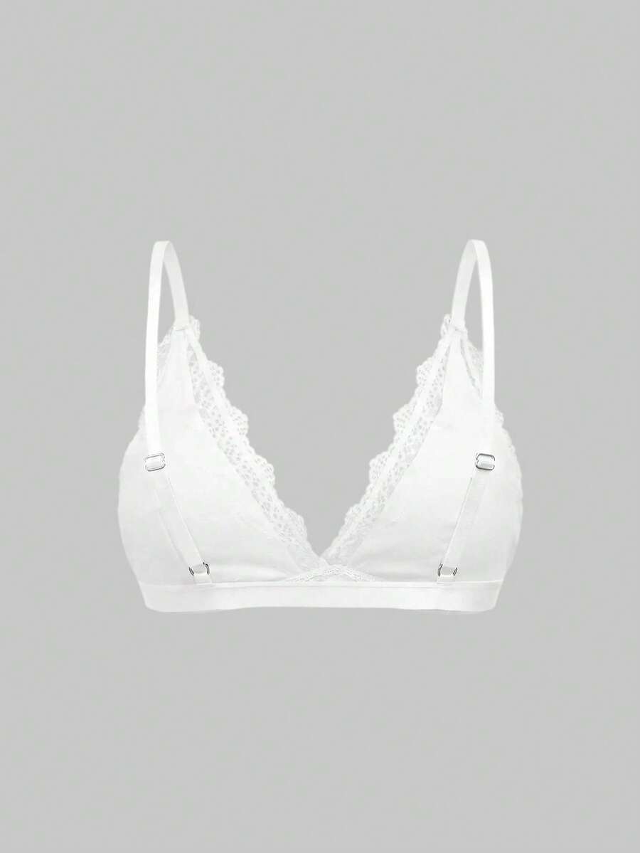 Women's deep V wireless bra with contrast scallop lace patchwork and adjustable straps in soft cotton knit fabric.