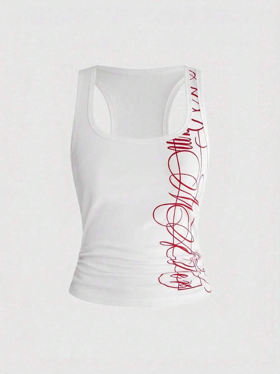Punk-inspired two-piece set with a fitted scoop neck slogan tank top featuring cross and rhinestone details paired with ultra low waist mini shorts.