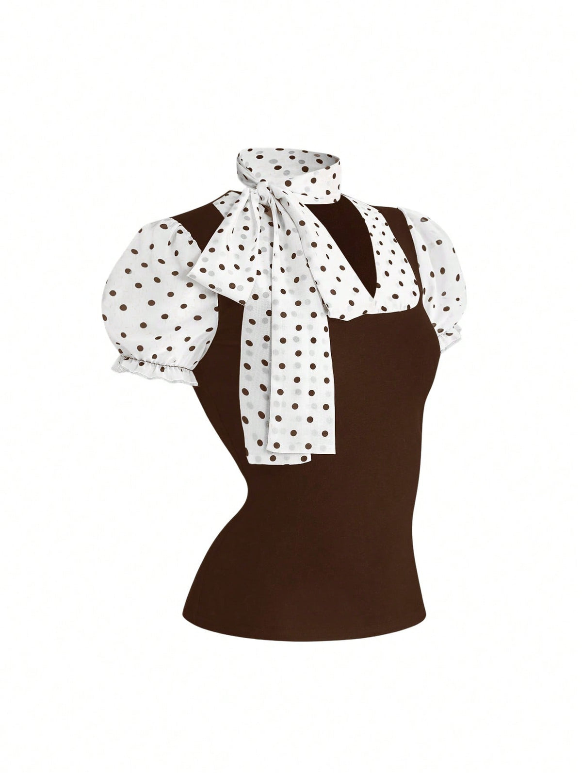 Women's black short puff sleeve graphic print t-shirt featuring a sweetheart neckline and knot detail.