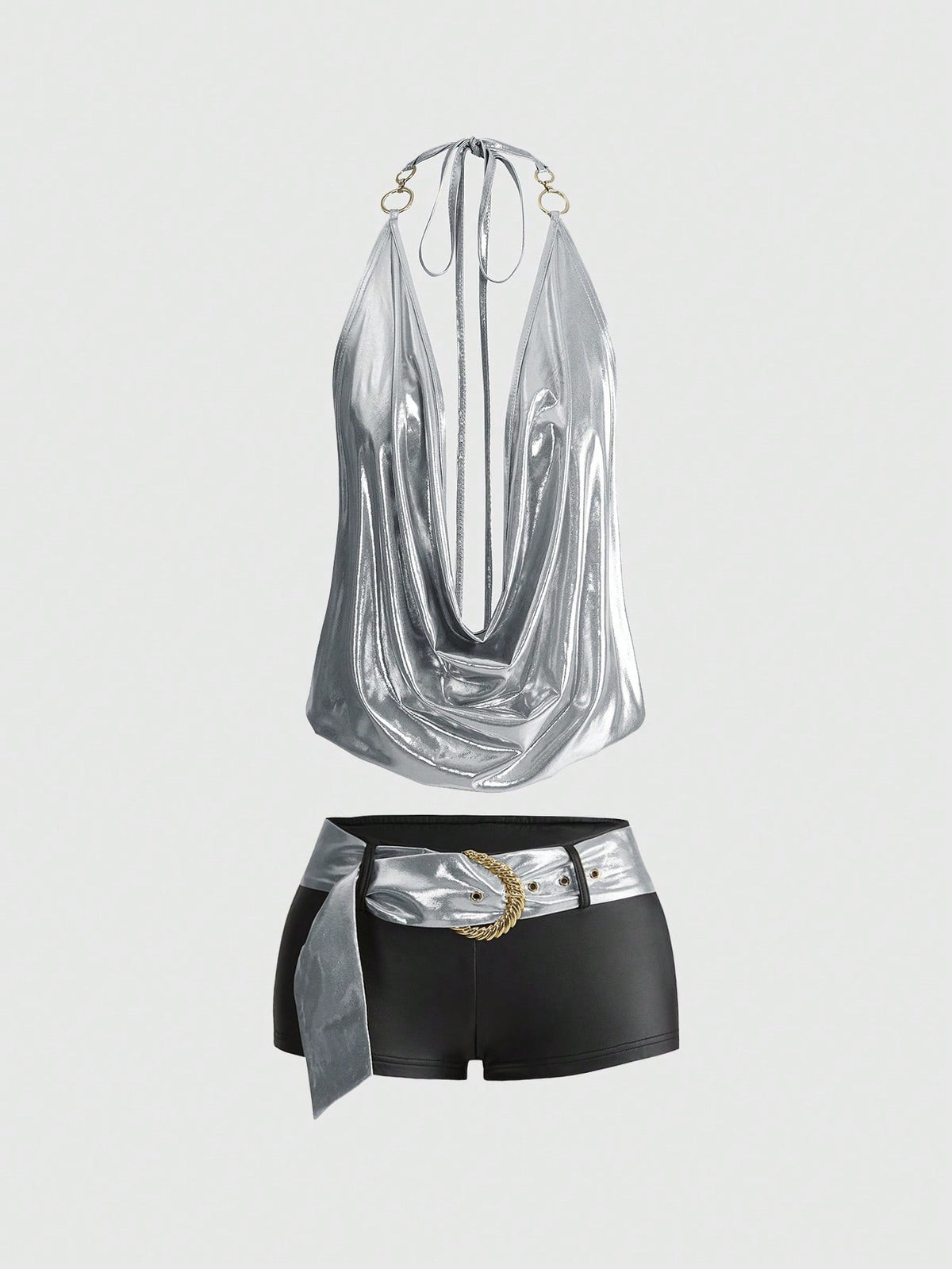 Brown colorblock women's two-piece outfit with draped halter camisole top and mini shorts