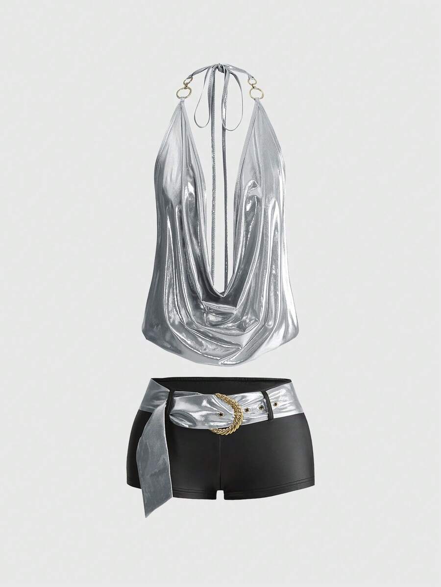 Brown colorblock women's two-piece outfit with draped halter camisole top and mini shorts
