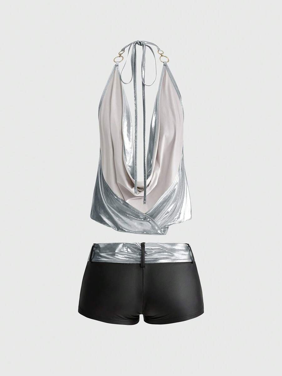 Brown colorblock women's two-piece outfit with draped halter camisole top and mini shorts