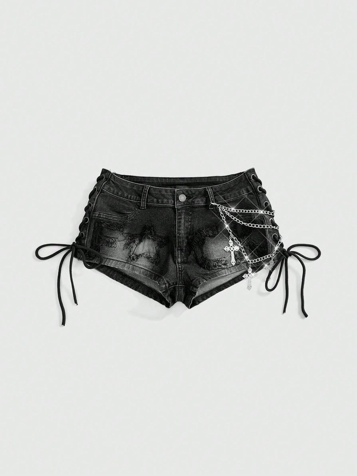 Women's Y2K low waist camo mini skort shorts featuring lace-up knot details, grommet eyelets, graphic lettering pattern, and a zipper fly.