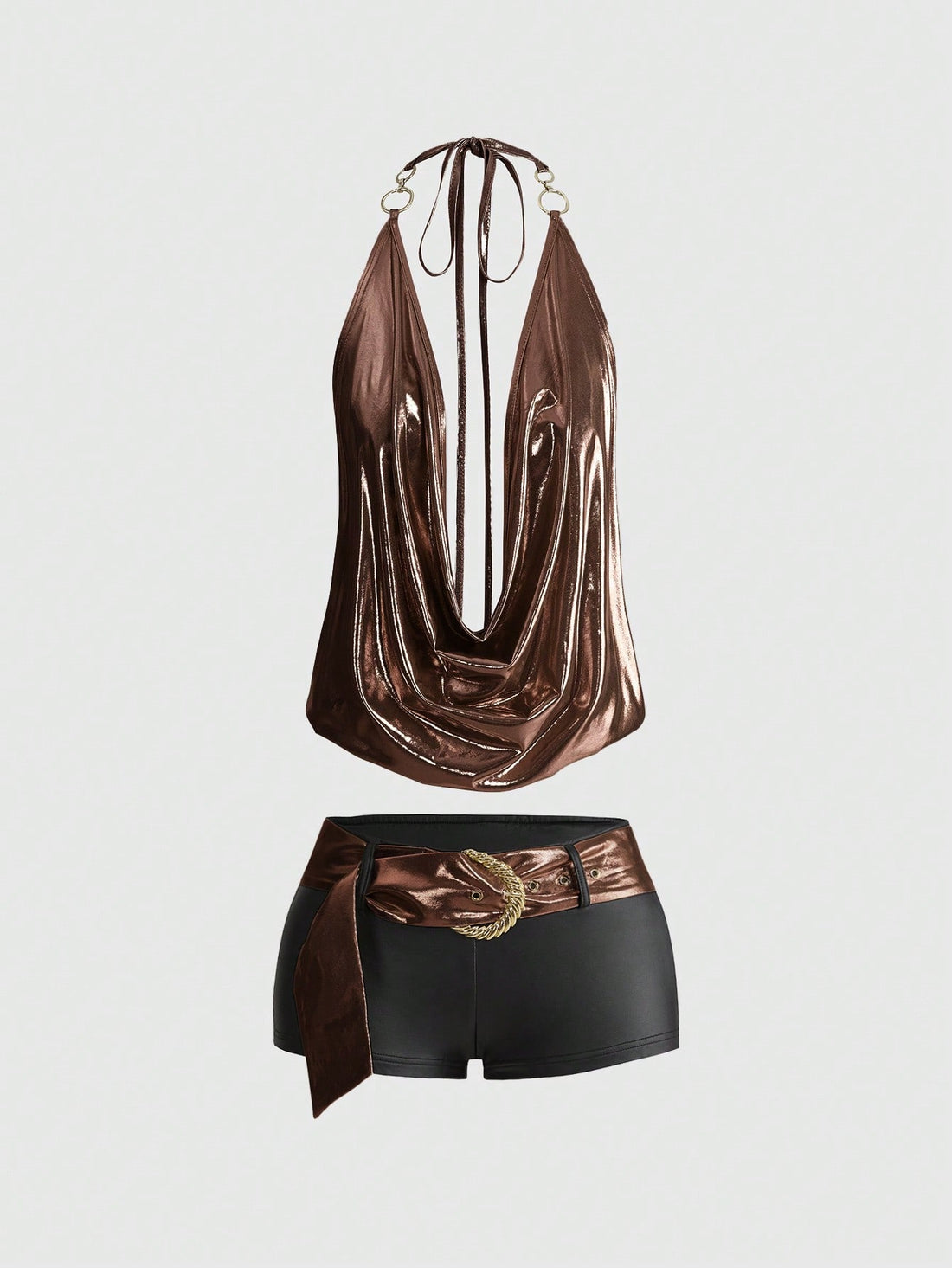 Brown colorblock women's two-piece outfit with draped halter camisole top and mini shorts