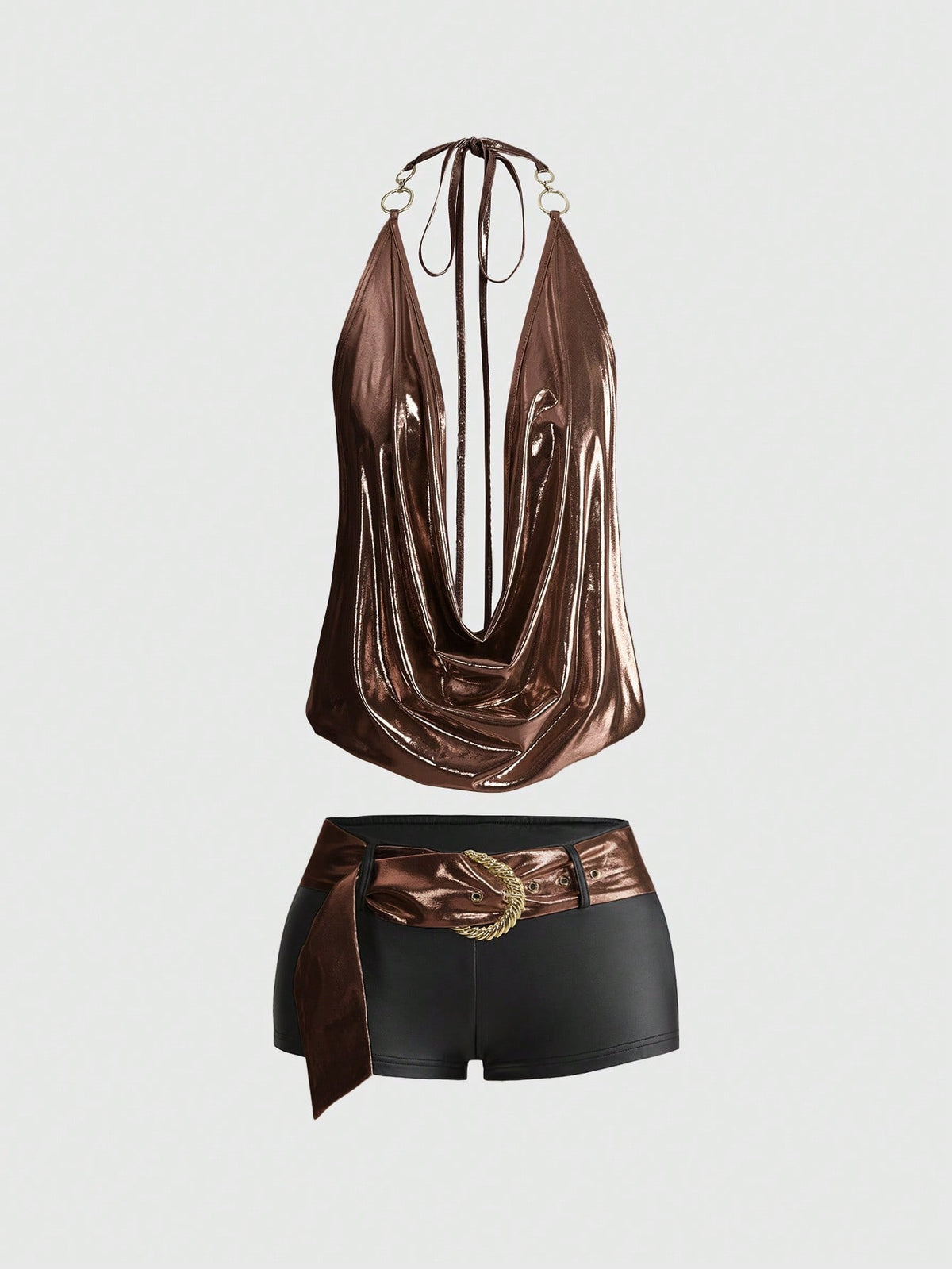 Brown colorblock women's two-piece outfit with draped halter camisole top and mini shorts