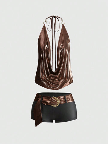 Brown colorblock women's two-piece outfit with draped halter camisole top and mini shorts