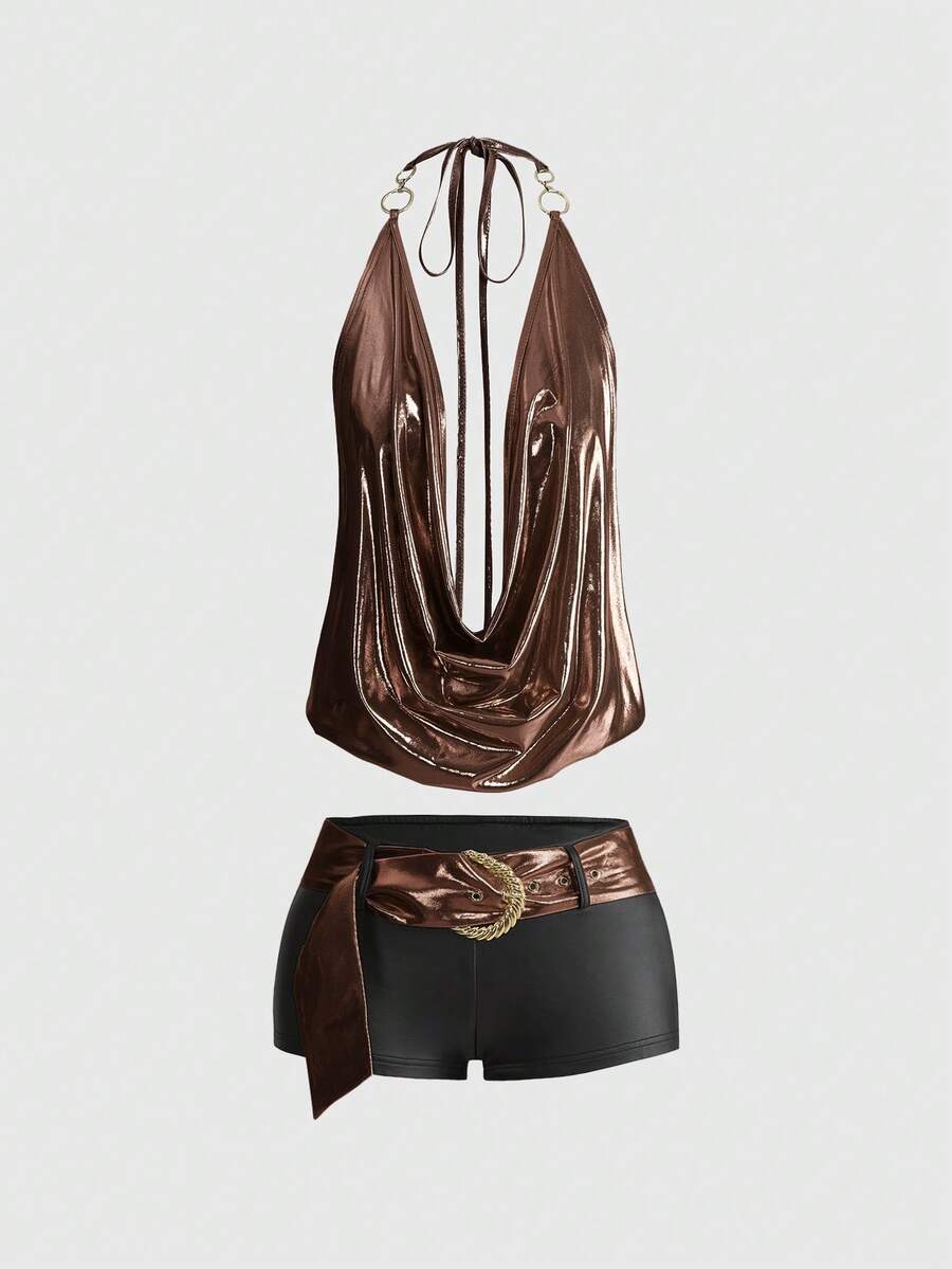 Brown colorblock women's two-piece outfit with draped halter camisole top and mini shorts