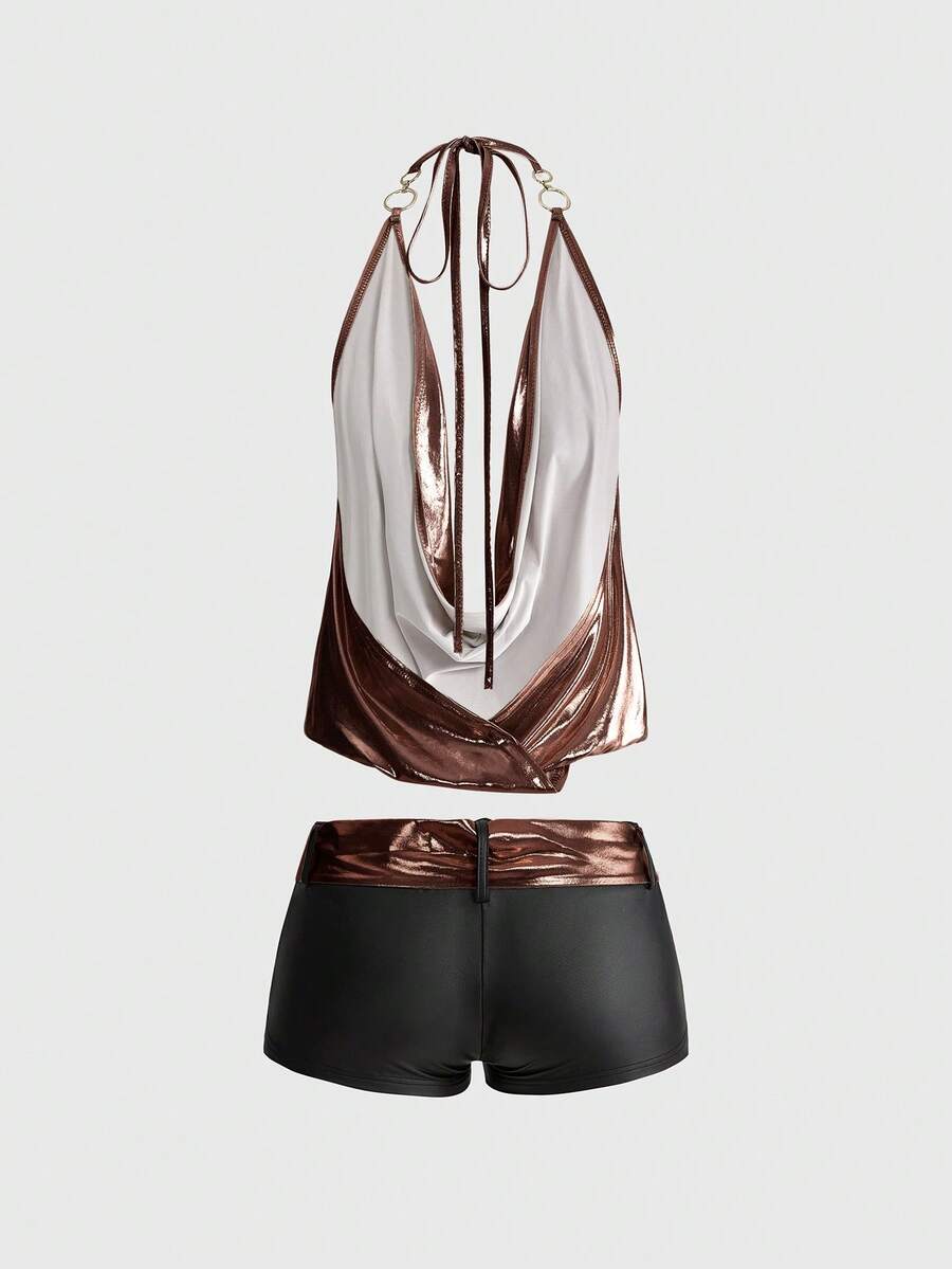 Brown colorblock women's two-piece outfit with draped halter camisole top and mini shorts