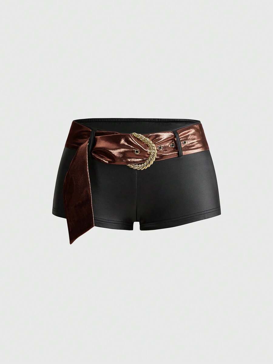 Brown colorblock women's two-piece outfit with draped halter camisole top and mini shorts