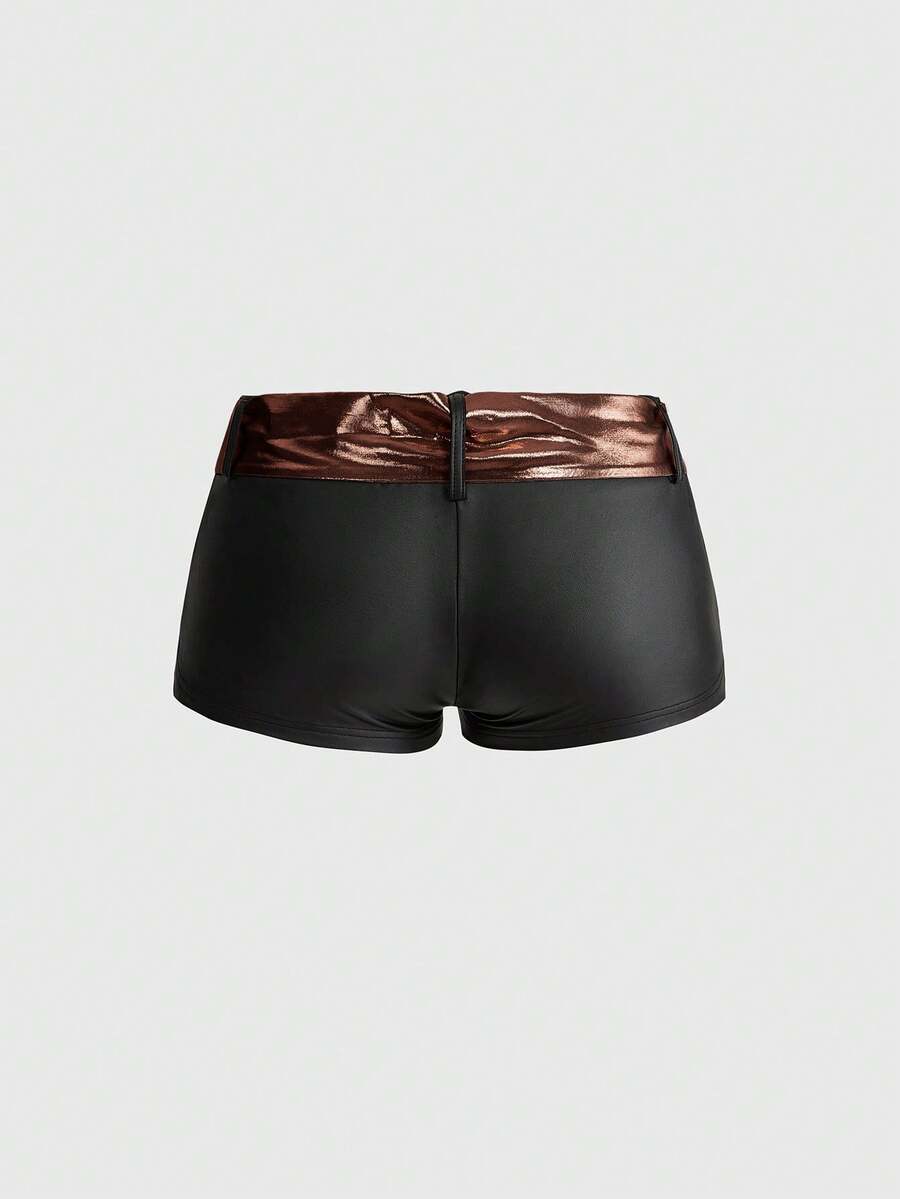 Brown colorblock women's two-piece outfit with draped halter camisole top and mini shorts