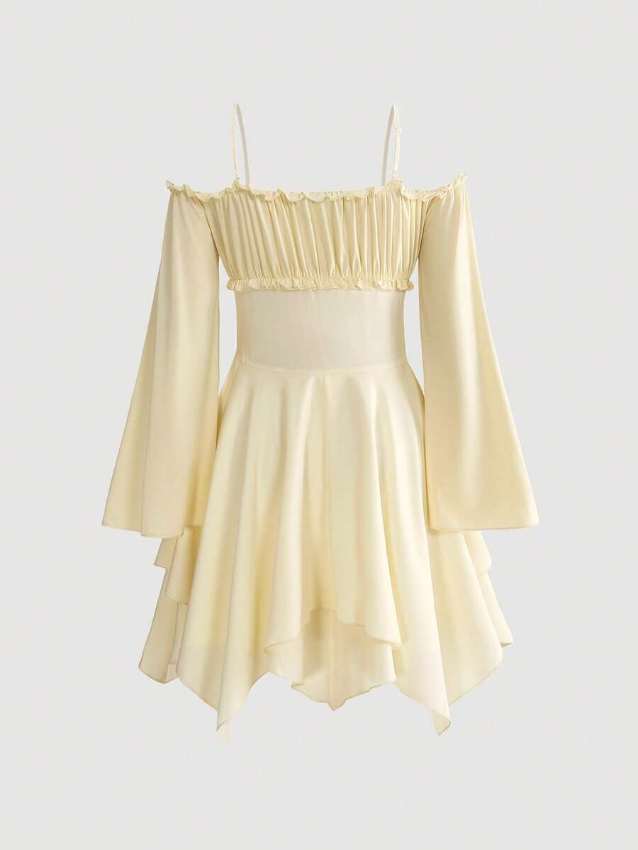 Women's fairycore renaissance cold shoulder short dress featuring spaghetti straps, lace-up backless detail, frill trim, and an asymmetrical hem.